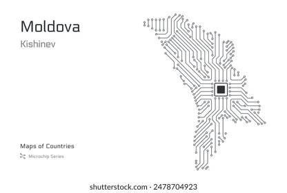 Mapa Vector de Moldavia, diseñado con un patrón de microchip, con la ciudad capital de Chisinau destacada como microchip