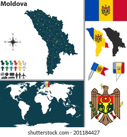 Vector map of Moldova with regions, coat of arms and location on world map