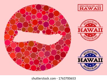Vector map of Molokai Island collage of spheric blots and red grunge stamp. Hole round map of Molokai Island collage designed with circles in different sizes, and red color hues.