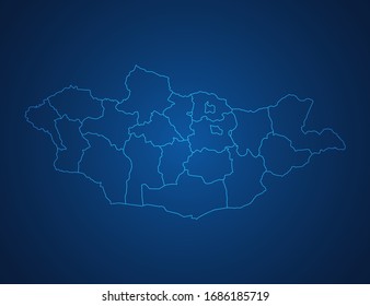 Vector map of Mongolia abstract blue line scales on dark background.