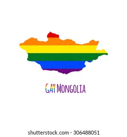 Vector map of Mongolia in LGBT (lesbian, gay, bisexual, and transgender) flag colors and GAY Mongolia caption on white background. Rainbow flag with denim textile texture.