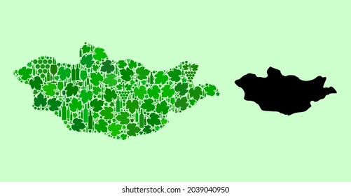 Vector Map of Mongolia. Mosaic of green grapes, wine bottles. Map of Mongolia mosaic designed with bottles, grapes, green leaves. Abstract mosaic is useful for patriotic collages.