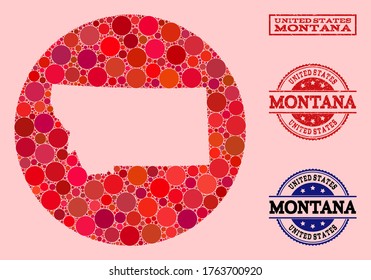 Vector map of Montana State mosaic of round elements and red watermark seal. Stencil round map of Montana State collage composed with circles in variable sizes, and red shades.