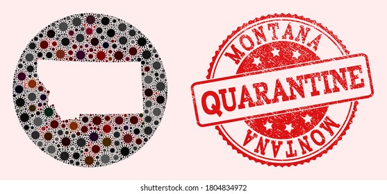 Mapa vectorial del mosaico del estado de Montana del virus del SARS y del sello de cuarentena de grunge rojo. Las células de infección atacan el territorio de cuarentena desde la zona externa.