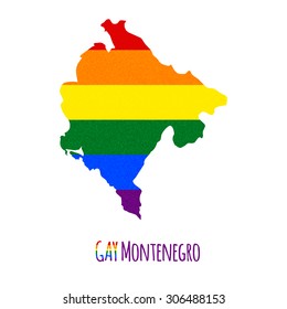 Vector map of Montenegro in LGBT (lesbian, gay, bisexual, and transgender) flag colors and GAY Montenegro caption on white background. Rainbow flag with denim textile texture.