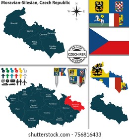 Vector map of Moravian Silesian region and location on Czech map