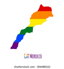 Vector map of Morocco in LGBT (lesbian, gay, bisexual, and transgender) flag colors and GAY Morocco caption on white background. Rainbow flag with denim textile texture.