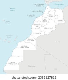 Vector map of Morocco with regions and administrative divisions, and neighbouring countries. Editable and clearly labeled layers.