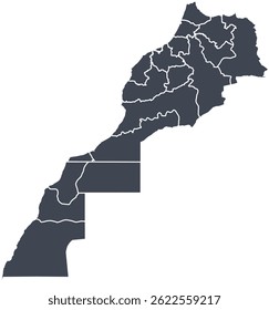 Vector map of Morocco Western Sahara showing all regions with clearly defined borders and country outline. Grey color scheme with dark contours. Ideal for educational, infographic, and professional us