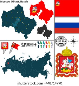 Vector map of Moscow Oblast with coat of arms and location on Russian map