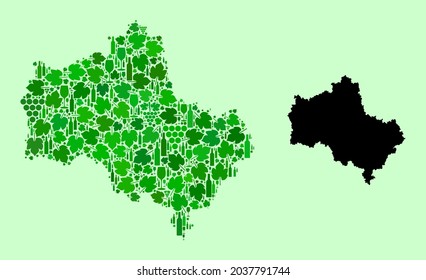 Vector Map of Moscow Region. Mosaic of green grape leaves, wine bottles. Map of Moscow Region mosaic designed with bottles, grapes, green leaves.
