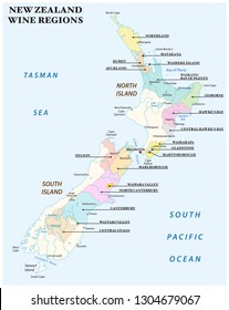 vector map with the most important wine regions of New Zealand