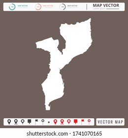 Vector map of Mozambique Brown background and pins icon.