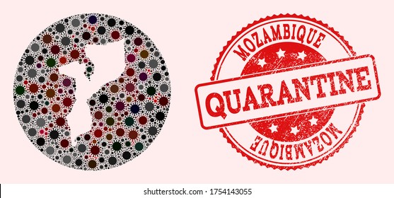 Vector map of Mozambique collage of flu virus and red grunge quarantine seal. Infection cells around the quarantine territory from external zone.