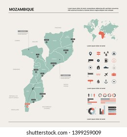 Vector map of Mozambique. Country map with division, cities and capital Maputo. Political map,  world map, infographic elements.  