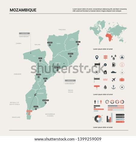 Vector map of Mozambique. Country map with division, cities and capital Maputo. Political map,  world map, infographic elements.  