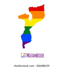 Vector map of Mozambique in LGBT (lesbian, gay, bisexual, and transgender) flag colors and GAY Mozambique caption on white background. Rainbow flag with denim textile texture.
