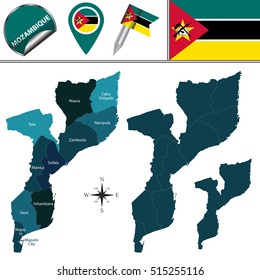 Vector map of Mozambique with named provinces and travel icons