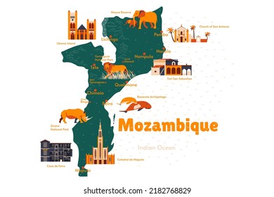 Vector map of Mozambique. Sights. Historical places. Tourism. Cities. Guide. Forts. Maputo, Bazaruto, Gorongosa, Malawi, Niassa Reserve, Zinave. Africa. Dugong.