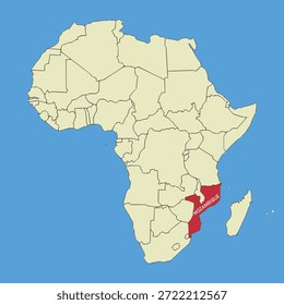 Mapa de Vector de Mozambique, ilustración de silueta de mapa de Vector aislado en el mapa de África. Estado del continente africano