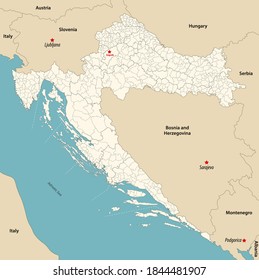 Vector map of municipalities of Croatia colored by counties with neighbouring countries and territories