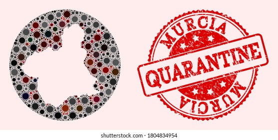 Vector map of Murcia Province collage of covid-2019 virus and red grunge quarantine seal stamp. Infection cells around the quarantine territory from out space.