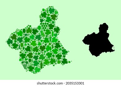 Vector Map of Murcia Province. Mosaic of green grapes, wine bottles. Map of Murcia Province mosaic created from bottles, grapes, green leaves. Abstract collage is useful for wine production collages.