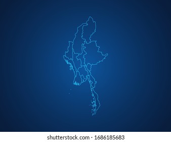 Vector map of Myanmar abstract blue line scales on dark background.