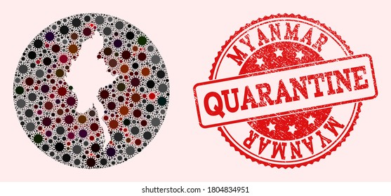 Mapa vectorial del collage de coronavirus de Myanmar y sello de cuarentena de grunge rojo. Las células de infección atacan el territorio de cuarentena desde la zona externa.