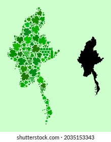 Vector Map of Myanmar. Collage of green grape leaves, wine bottles. Map of Myanmar collage formed with bottles, grapes, green leaves. Abstract collage is designed for bars agitprop.