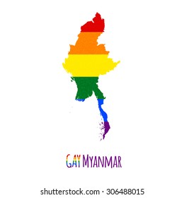 Vector map of Myanmar in LGBT (lesbian, gay, bisexual, and transgender) flag colors and GAY Myanmar caption on white background. Rainbow flag with denim textile texture.