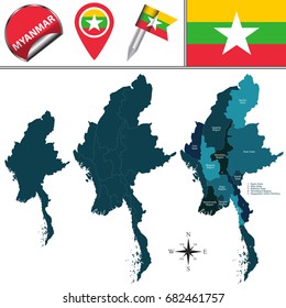 Vector map of Myanmar with named divisions  and travel icons