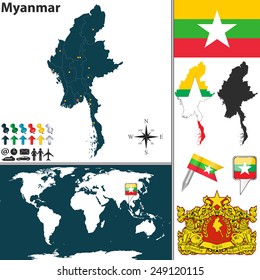 Vector map of Myanmar with regions, coat of arms and location on world map
