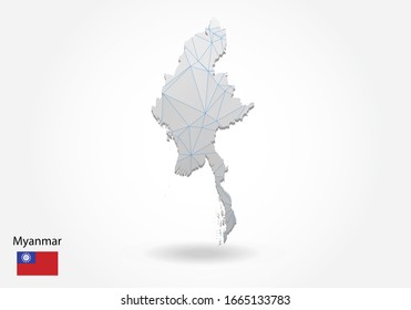 Vector map of myanmar with trendy triangles design in polygonal style on dark background, map shape in modern 3d paper cut art style. layered papercraft cutout design.