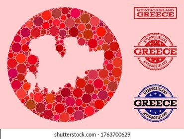 Vector map of Mykonos Island collage of round elements and red watermark seal stamp. Stencil circle map of Mykonos Island collage created with circles in variable sizes, and red color tints.