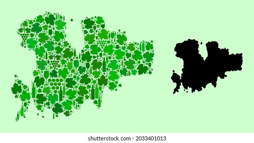 Vector Map of Mykonos Island. Mosaic of green grapes, wine bottles. Map of Mykonos Island mosaic designed with bottles, berries, green leaves. Abstract collage designed for wine production doctrines.