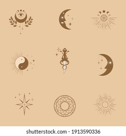 Vector map of mystical, magic icons and symbols. Template for logo, print, social networks.