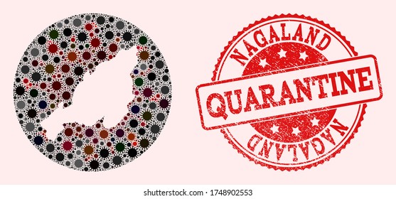 Vector map of Nagaland State collage of coronavirus and red grunge quarantine seal stamp. Infection cells around the quarantine territory from out space.
