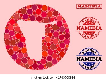Vector map of Namibia collage of round items and red scratched stamp. Hole round map of Namibia collage composed with circles in various sizes, and red color tinges.