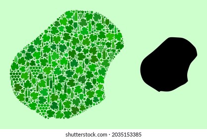 Mapa vectorial de Nauru. Collage de uvas verdes, botellas de vino. Mapa del collage de Nauru creado a partir de botellas, uvas, hojas verdes. Mosaico abstracto diseñado para la producción de vino agitprop.