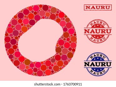 Vector map of Nauru mosaic of round elements and red grunge seal. Stencil round map of Nauru collage formed with circles in variable sizes, and red color hues.