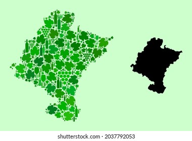 Vector Map of Navarra Province. Combination of green grapes, wine bottles. Map of Navarra Province mosaic designed with bottles, grapes, green leaves.