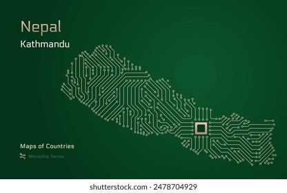 A vector map of Nepal created from a microchip pattern, with the capital Kathmandu depicted as a microchip
