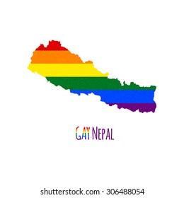 Vector map of Nepal in LGBT (lesbian, gay, bisexual, and transgender) flag colors and GAY Nepal caption on white background. Rainbow flag with denim textile texture.