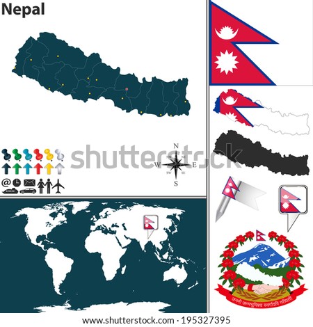 Vector map of Nepal with regions, coat of arms and location on world map