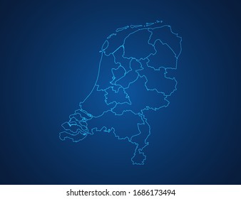 Mapa vectorial de la línea azul abstracta de Holanda escala sobre fondo oscuro.