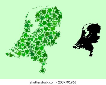 Vector Map of Netherlands. Composition of green grape leaves, wine bottles. Map of Netherlands collage created from bottles, grapes, green leaves.