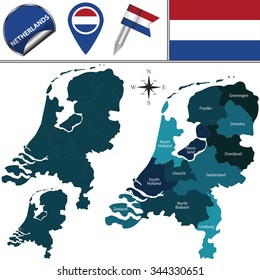Vector map of Netherlands with named divisions and travel icons
