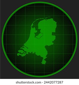 Vector map Netherlands on radar screen with a green grid. Template Europe country on monitor radar for pattern, report, background. Technology concept boundary Netherlands for news, infographic, army