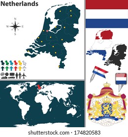 Vector map of Netherlands with regions, coat of arms and location on world map